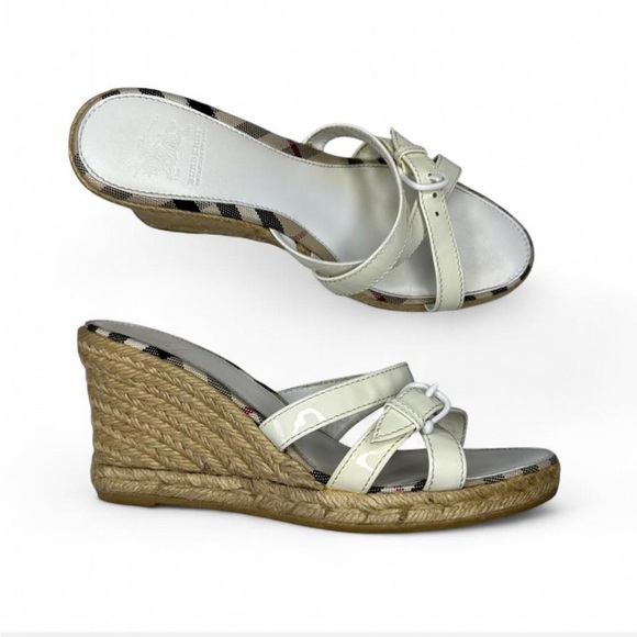 Burberry Nova check white patent Leather espadrille wedges sandals EU 38